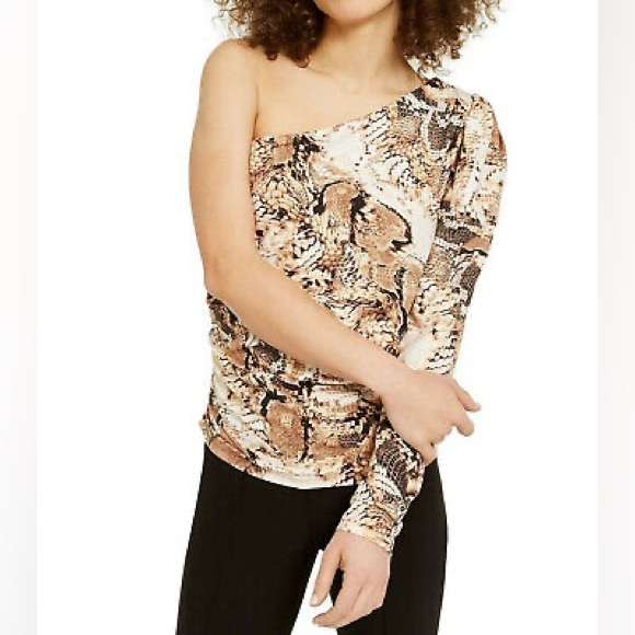 Host Pick 💙 INC Womens Brown Animal Print Asymmetrical Neckline Top XXL - Picture 1 of 5